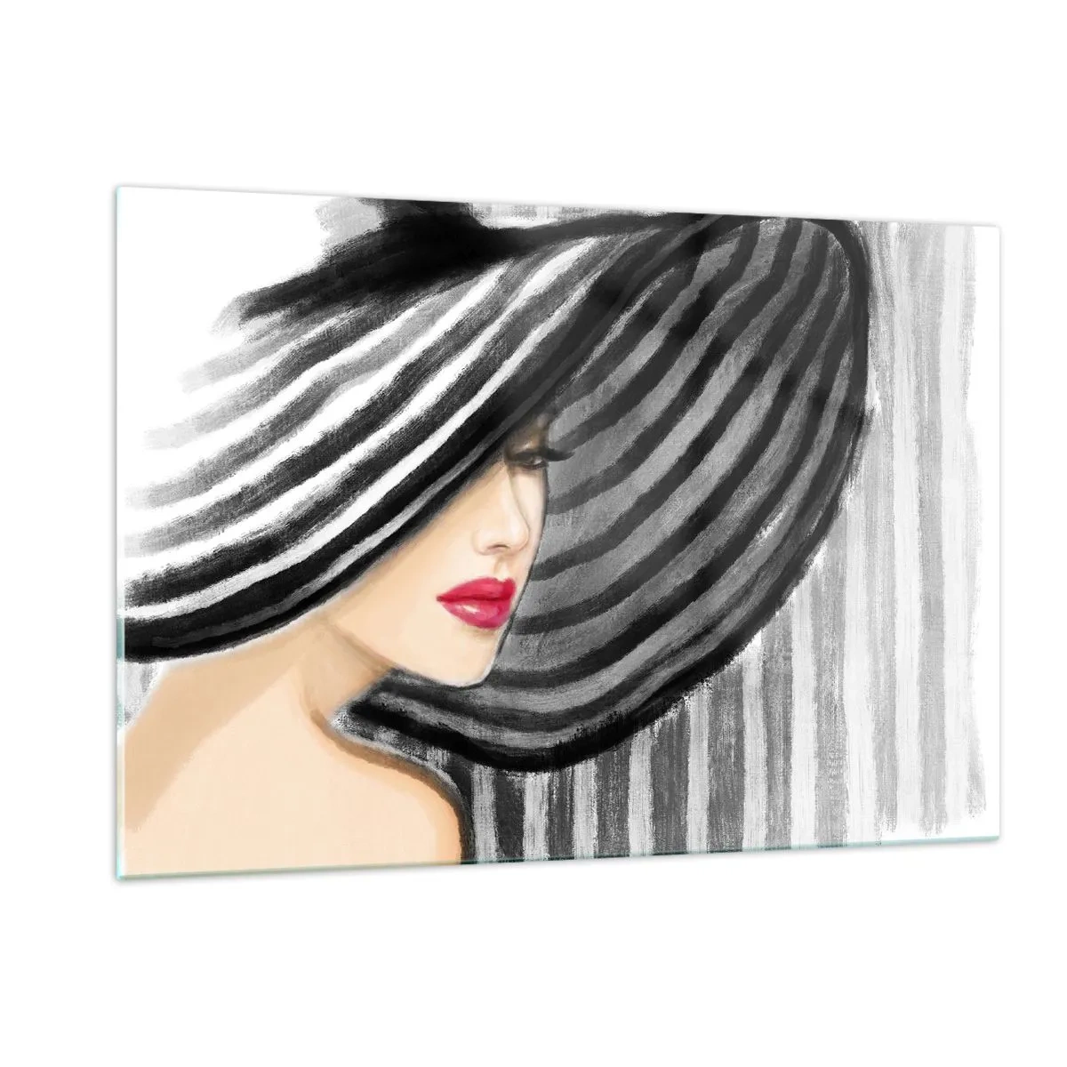 Cuadro sobre vidrio - Impresiones sobre Vidrio - Mujer elegante con un sombrero de rayas blancas y negras - 120x80cm - ¿Dónde puedo encontrarte? - Decoración de pared moderna para salón y dormitorio ARTTOR