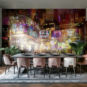 Fotomural Premium Sand - Una ciudad vibrante por la noche en colores neón. - 100x70cm - En un mar de luz - Decoración de pared moderna para salón y dormitorio ARTTOR