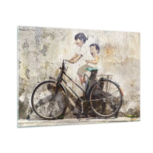 Cuadro sobre vidrio - Impresiones sobre Vidrio - Un mural con una bicicleta y figuras de niños sobre un fondo de pared. - 100x70cm - ¿Verdadero o falso? - Decoración de pared moderna para salón y dormitorio ARTTOR