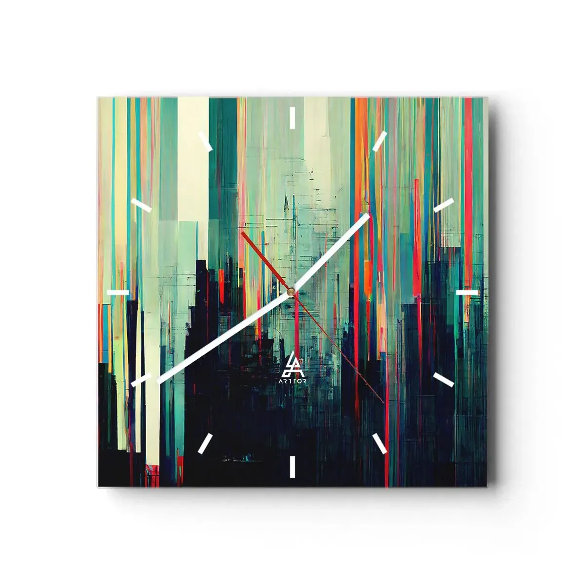 Reloj de pared - Reloj de vidrio - Abstracción con líneas verticales y un horizonte de ciudad. - 30x30cm - Ciudad futurista - Decoración de pared moderna para salón y dormitorio ARTTOR
