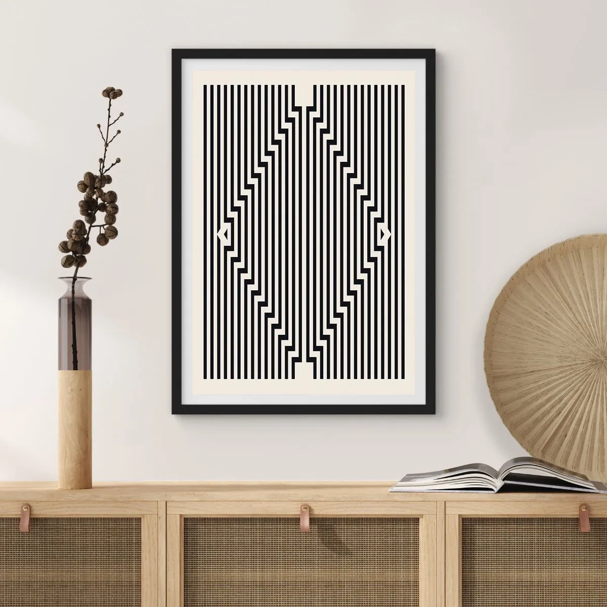 Póster en marco negro - Líneas blancas y negras que crean una ilusión óptica. - 50x70cm - Ilusión geométrica - Decoración de pared moderna para salón y dormitorio ARTTOR