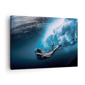 Cuadro sobre lienzo - Impresión de Imagen - Fotografía submarina con una mujer y burbujas de aire. - 70x50cm - Una sirena contemporánea - Decoración de pared moderna para salón y dormitorio ARTTOR