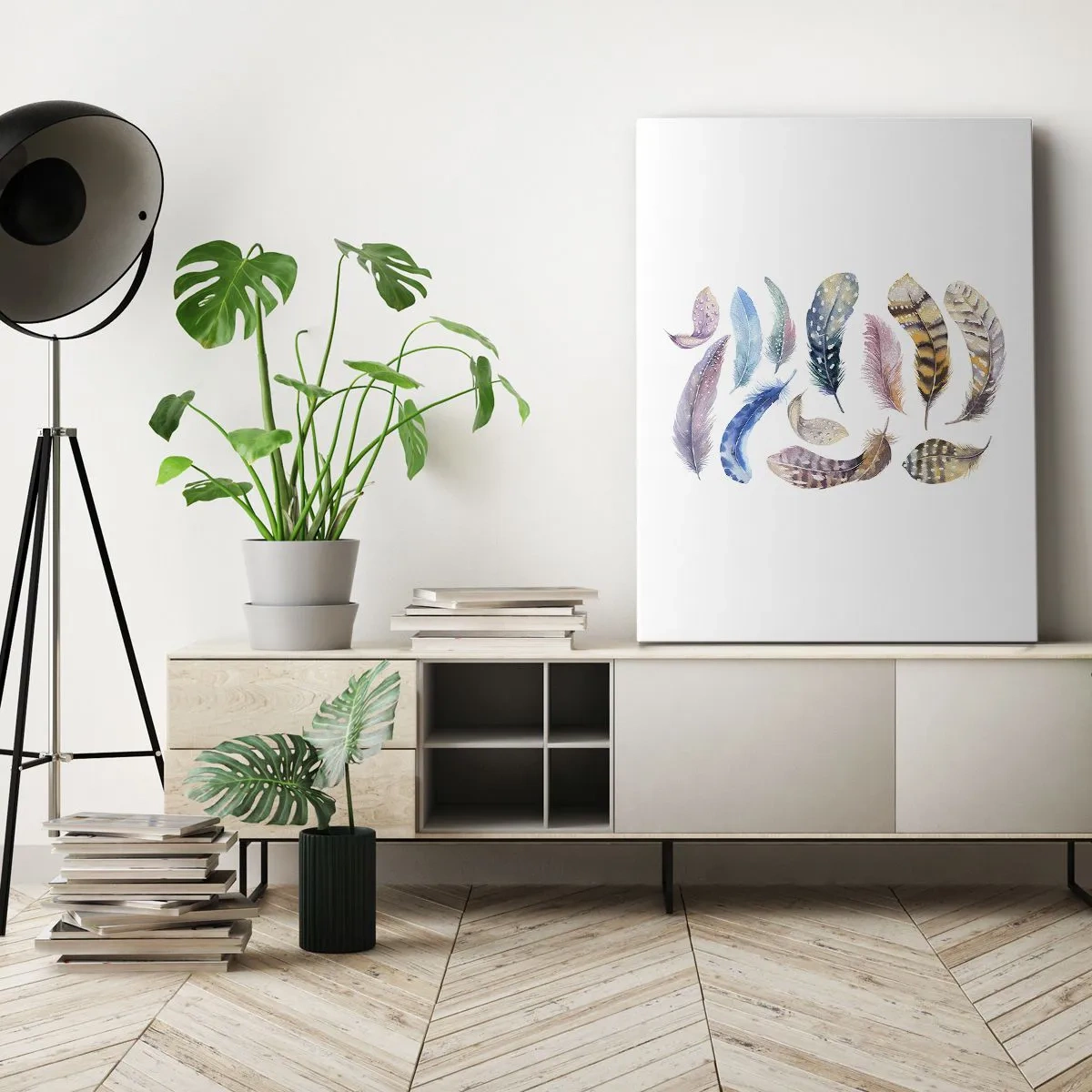 Cuadro sobre lienzo - Impresión de Imagen - Plumas de colores en un delicado estilo de acuarela. - 70x100cm - Ligero, colorido y multicolor - Decoración de pared moderna para salón y dormitorio ARTTOR