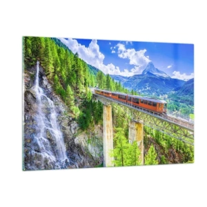 Cuadro sobre vidrio - Impresiones sobre Vidrio - Tren alpino sobre un puente con vistas a una cascada - 120x80cm - Ferrocarril a los Alpes - Decoración de pared moderna para salón y dormitorio ARTTOR