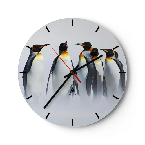 Reloj de pared - Reloj de vidrio - Un grupo de pingüinos contra la niebla. - 30x30cm - Reunión en traje de noche - Decoración de pared moderna para salón, cocina y dormitorio ARTTOR