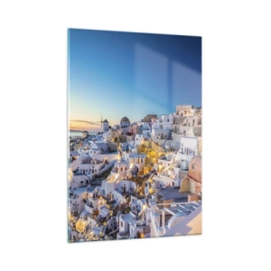 Cuadro sobre vidrio - Impresiones sobre Vidrio - Panorama de Santorini al atardecer - 50x70cm - La esencia de lo griego - Decoración de pared moderna para salón y dormitorio ARTTOR