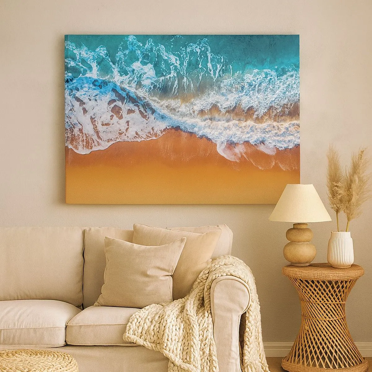 Cuadro sobre lienzo - Impresión de Imagen - Vista aérea de las olas del océano rompiendo en la orilla - 70x50cm - Siempre a la par - Decoración de pared moderna para salón y dormitorio ARTTOR