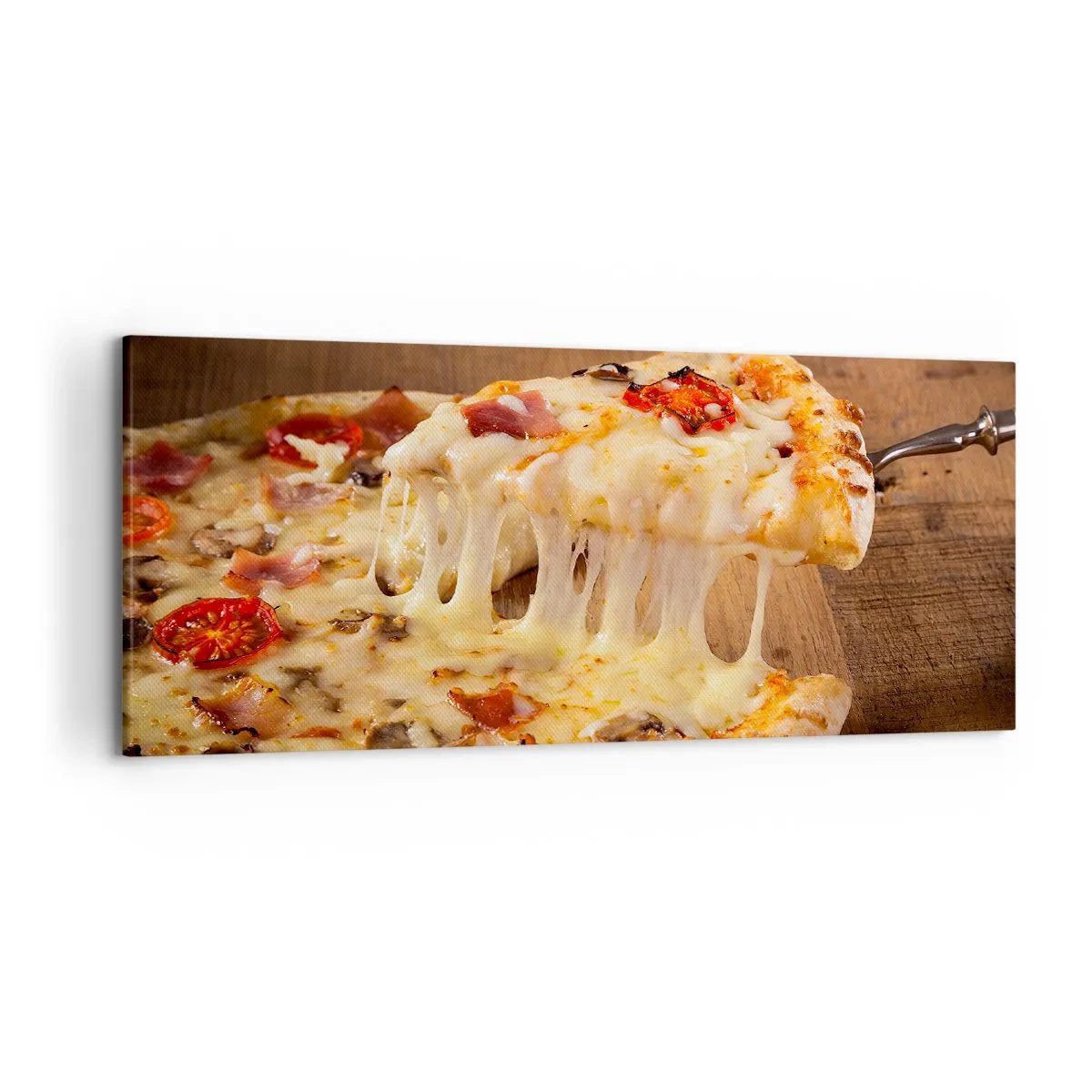 Cuadro sobre lienzo - Impresión de Imagen - Pizza con queso fibroso - 120x50cm - Una obra maestra del arte italiano - Decoración de pared moderna para salón y dormitorio ARTTOR