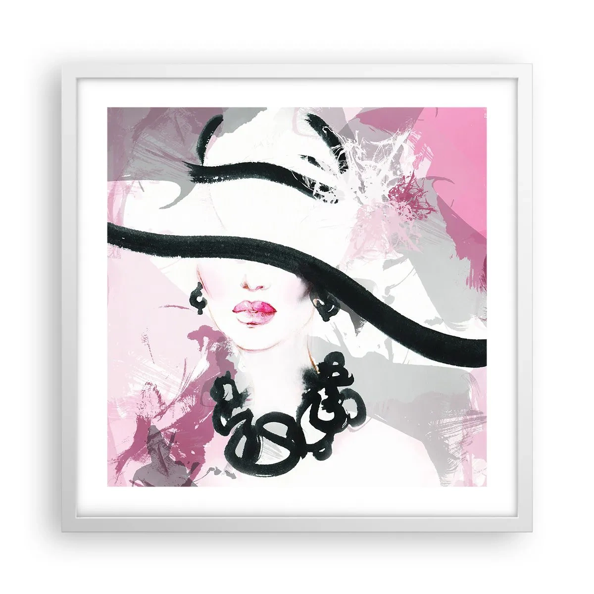 Póster en marco blanco - Retrato de una dama en negro y rosa - 50x50 cm