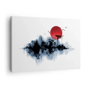 Cuadro sobre lienzo - Impresión de Imagen - Sol rojo sobre un paisaje pintoresco con torii - 70x50cm - Visión japonesa - Decoración de pared moderna para salón y dormitorio ARTTOR