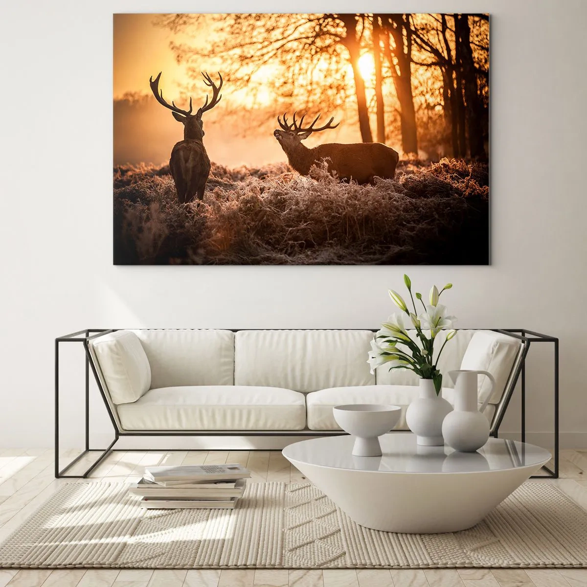 Cuadro sobre vidrio - Impresiones sobre Vidrio - Dos ciervos en una escena forestal al amanecer. - 100x70cm - El sueño de un cazador - Decoración de pared moderna para salón y dormitorio ARTTOR