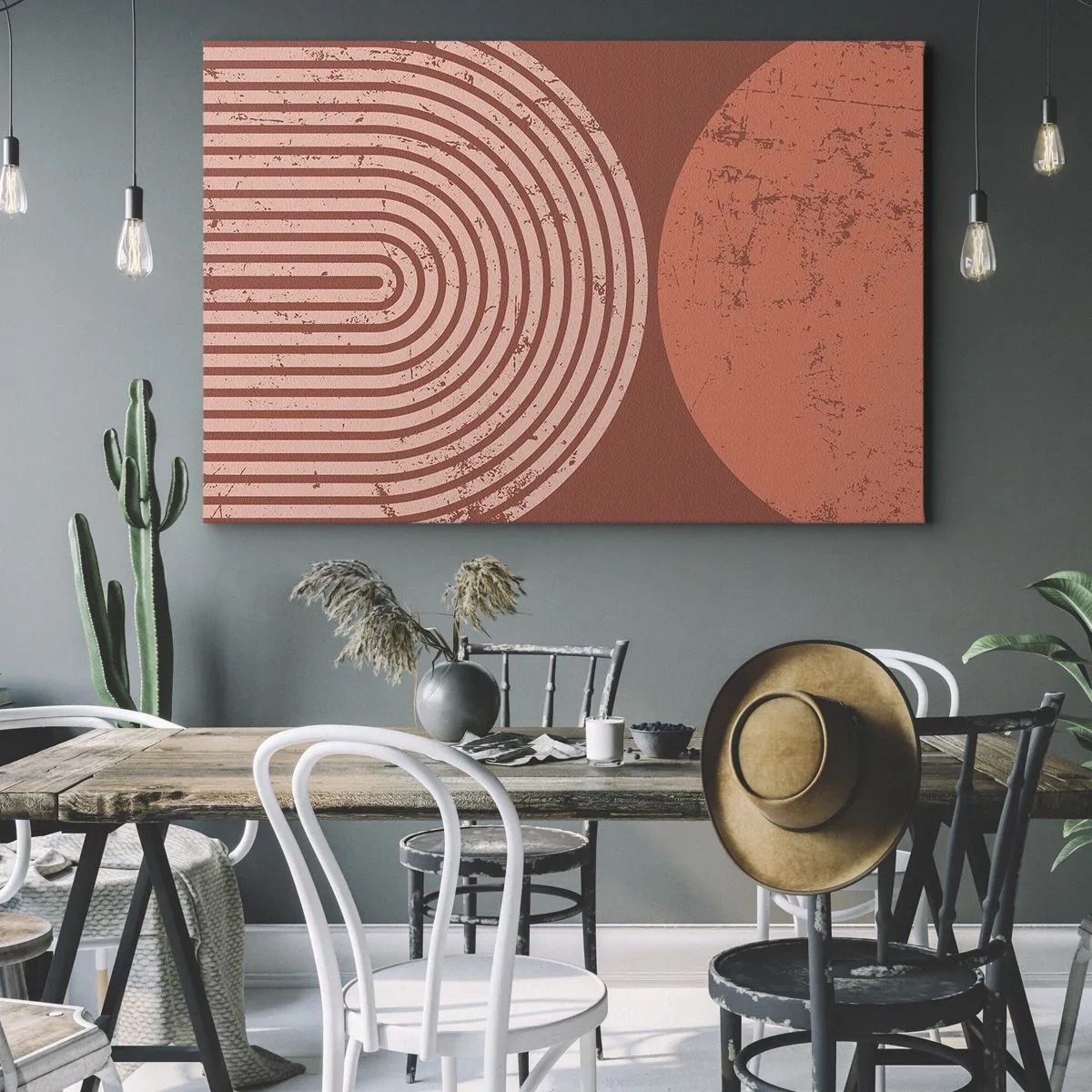 Cuadro sobre lienzo - Impresión de Imagen - Patrones geométricos en tonos terracota sobre un fondo vintage. - 70x50cm - Estrecha relación - Decoración de pared moderna para salón y dormitorio ARTTOR