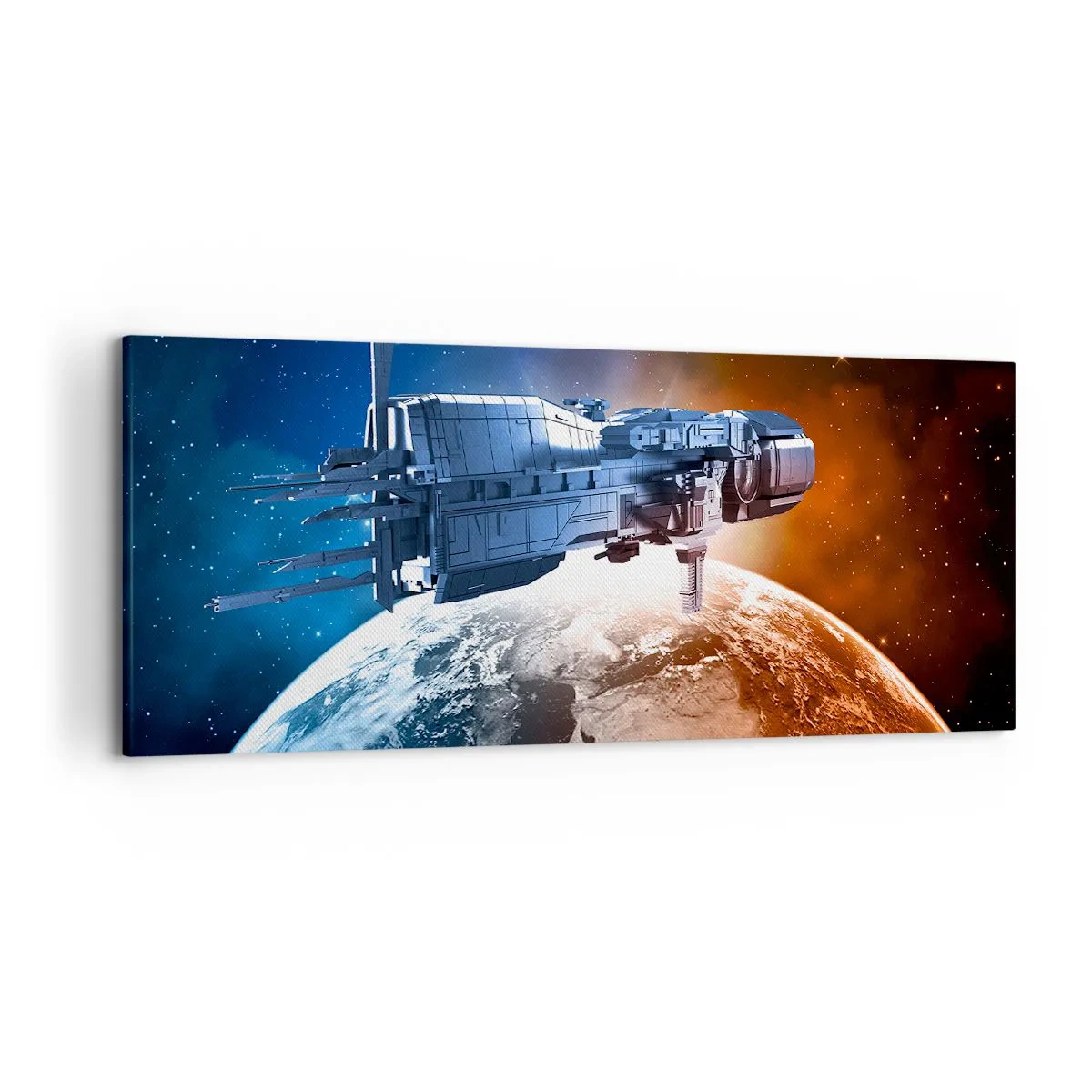 Cuadro sobre lienzo - Impresión de Imagen - Una nave espacial con un planeta en el espacio como telón de fondo. - 120x50cm - Un observador atento - Decoración de pared moderna para salón y dormitorio ARTTOR