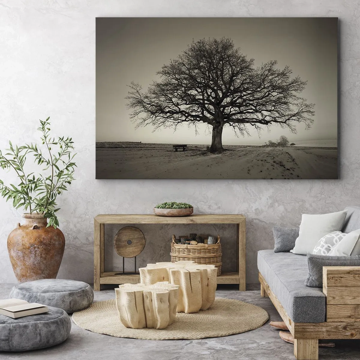 Cuadro sobre lienzo - Impresión de Imagen - Un árbol solitario en un campo sepia - 100x70cm - De aquí a la eternidad - Decoración de pared moderna para salón y dormitorio ARTTOR