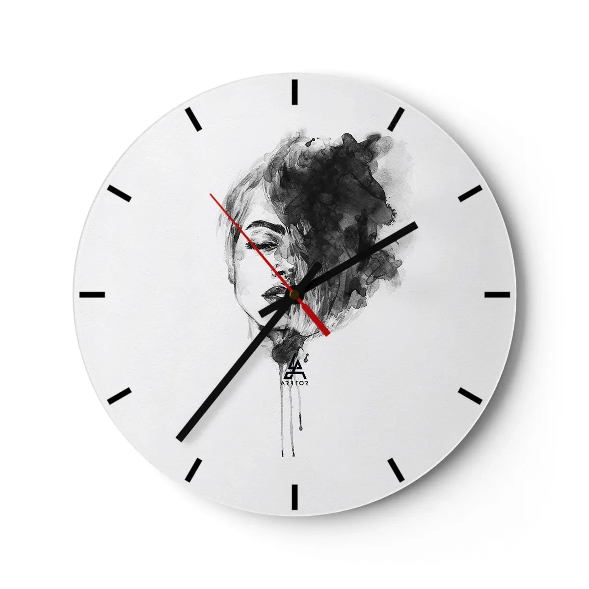 Reloj de pared - Reloj de vidrio - Pintura de acuarela en blanco y negro del rostro de una mujer con efecto de humo. - 30x30cm - Sueños en femenino - Decoración de pared moderna para salón, cocina y dormitorio ARTTOR