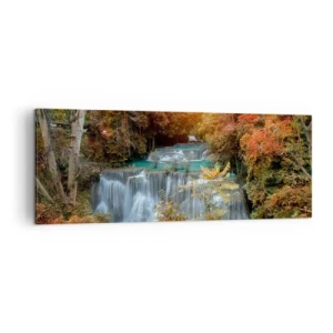 Cuadro sobre lienzo - Impresión de Imagen - Cascada de otoño rodeada de árboles coloridos a la luz del sol. - 140x50cm - El tesoro escondido del bosque - Decoración de pared moderna para salón y dormitorio ARTTOR