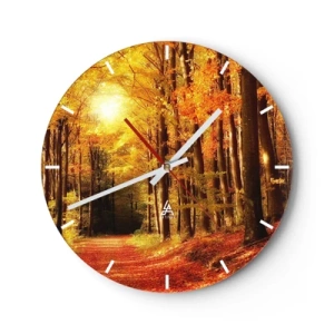 Reloj de pared - Reloj de vidrio - Bosque otoñal con cálidos rayos de sol. - 30x30cm - Un otoño dorado en una carretera forestal - Decoración de pared moderna para salón, cocina y dormitorio ARTTOR