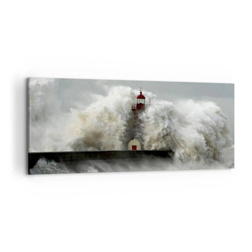 Cuadro sobre lienzo - Impresión de Imagen - Un faro rodeado de fuertes olas durante una tormenta. - 120x50cm - La furia del océano - Decoración de pared moderna para salón y dormitorio ARTTOR