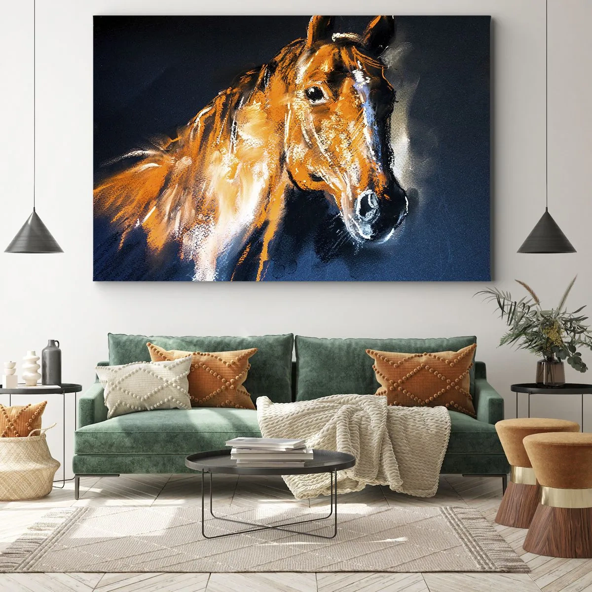 Cuadro sobre lienzo - Impresión de Imagen - Retrato de un caballo en un estilo dinámico y pictórico. - 70x50cm - Entonces, ¿vienes? - Decoración de pared moderna para salón y dormitorio ARTTOR