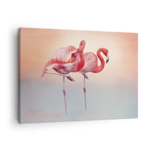 Cuadro sobre lienzo - Impresión de Imagen - Flamencos en delicados colores pastel sobre un fondo de agua. - 70x50cm - Elegancia bajo el sol de poniente - Decoración de pared moderna para salón y dormitorio ARTTOR