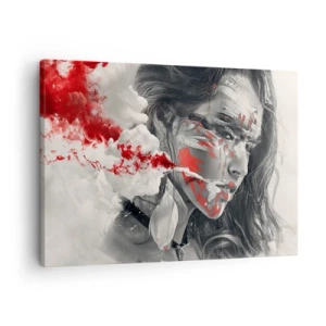 Cuadro sobre lienzo - Impresión de Imagen - Retrato artístico de una mujer con acentos rojos abstractos. - 70x50cm - En los humos del absurdo - Decoración de pared moderna para salón y dormitorio ARTTOR