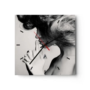 Reloj de pared - Reloj de vidrio - Perfil en blanco y negro de una mujer haciendo un gesto de silencio. - 30x30cm - Escucharme a mí misma - Decoración de pared moderna para salón y dormitorio ARTTOR