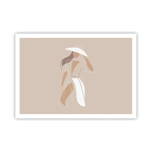 Póster - Un dibujo minimalista de una mujer con sombrero sobre un fondo beige. - 100x70cm - La moda es alegría - Decoración de pared moderna para salón y dormitorio ARTTOR