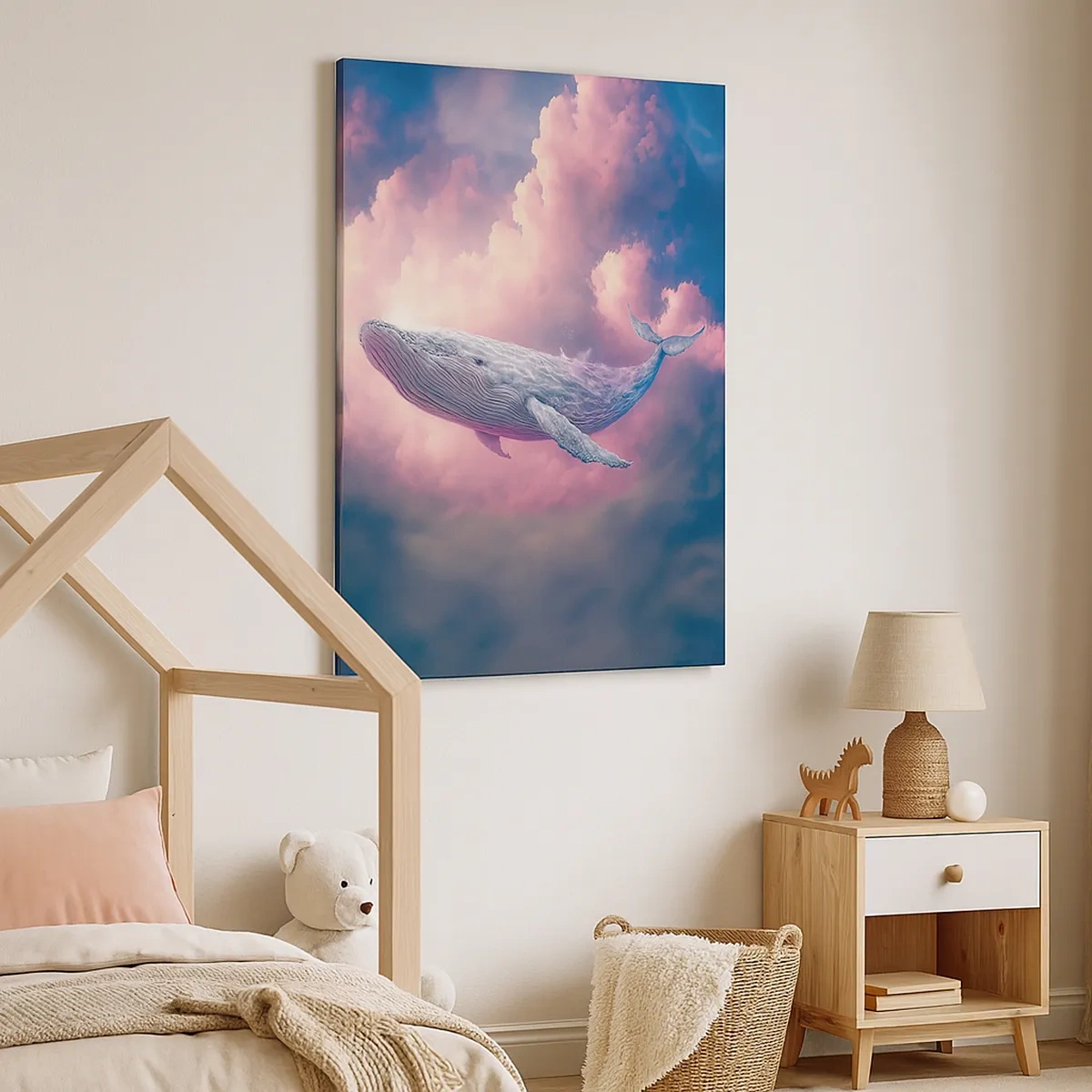 Cuadro sobre lienzo - Impresión de Imagen - Una ballena flotando en las nubes al atardecer. - 50x70cm - La reina de los mares asciende - Decoración de pared moderna para salón y dormitorio ARTTOR