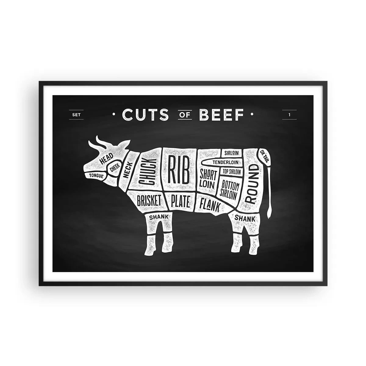 Póster en marco negro - Diagrama de cortes de carne de res sobre un fondo negro - 100x70cm - Manual del carnicero - Decoración de pared moderna para salón y dormitorio ARTTOR