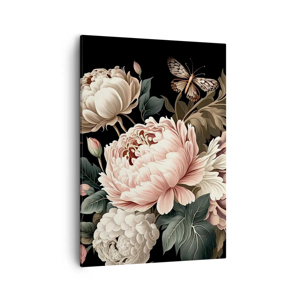 Cuadro sobre lienzo - Impresión de Imagen - Un ramo de flores rosas y mariposas sobre un fondo negro. - 50x70cm - En estilo barroco - Decoración de pared moderna para salón y dormitorio ARTTOR