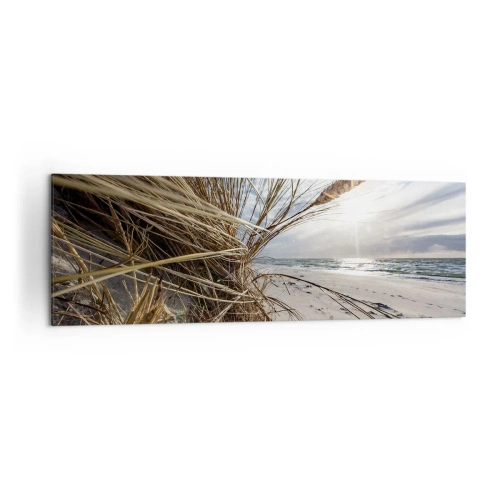 Cuadro sobre lienzo - Impresión de Imagen - Una playa con hierba seca en las dunas y vistas al mar. - 160x50cm - Una reunión de los elementos - Decoración de pared moderna para salón y dormitorio ARTTOR