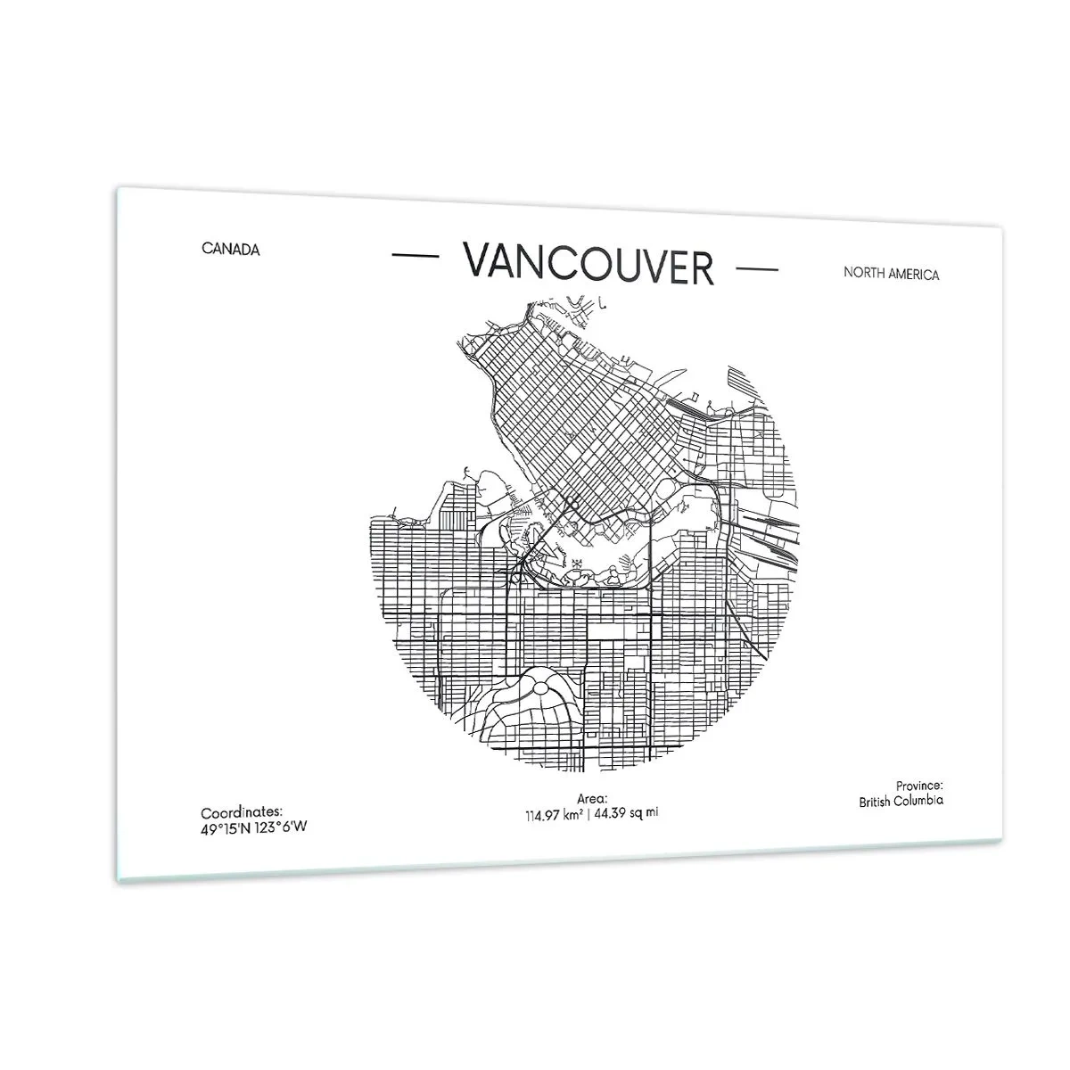 Cuadro sobre vidrio - Impresiones sobre Vidrio - Mapa callejero en blanco y negro de Vancouver - 120x80cm - Anatomía de Vancouver - Decoración de pared moderna para salón y dormitorio ARTTOR
