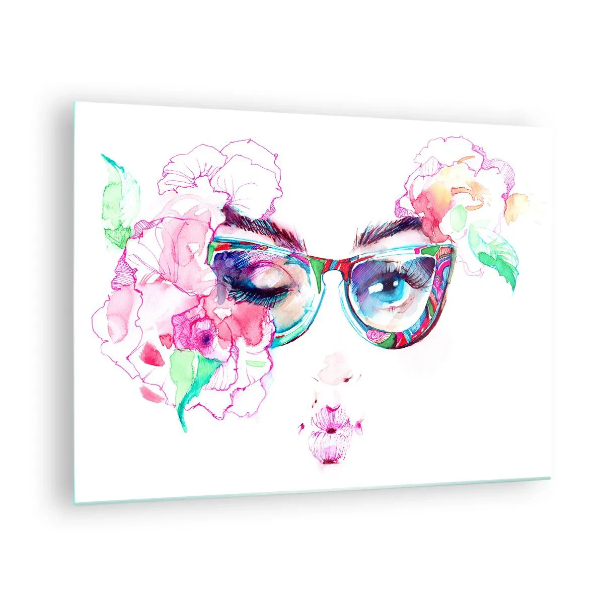 Cuadro sobre vidrio - Impresiones sobre Vidrio - Ojos de mujer con flores y gafas de colores en estilo acuarela. - 70x50cm - Una promesa tentadora - Decoración de pared moderna para salón y dormitorio ARTTOR
