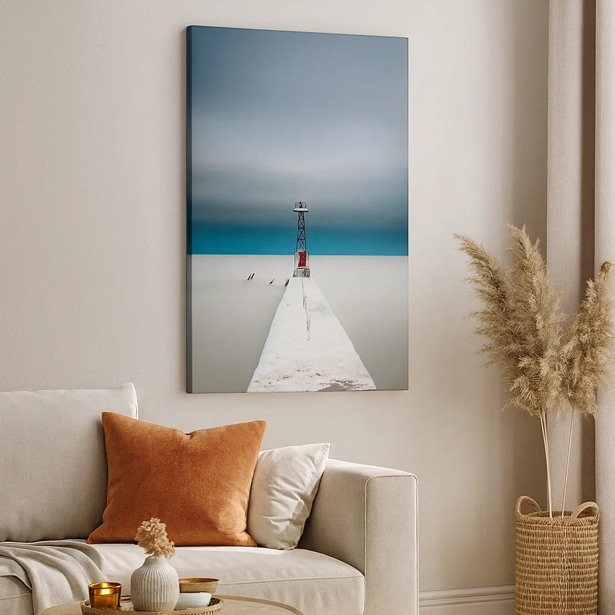Cuadro sobre lienzo - Impresión de Imagen - Un faro al final de un muelle de hormigón en un paisaje desolado - 50x70cm - Encuentro con la inmensidad - Decoración de pared moderna para salón y dormitorio ARTTOR