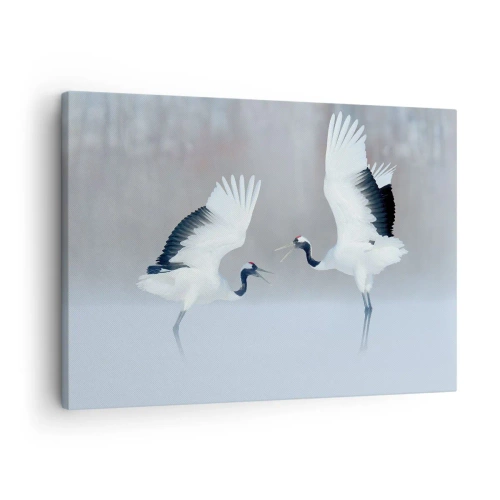 Cuadro sobre lienzo - Impresión de Imagen - Dos grullas bailando en un paisaje brumoso - 70x50cm - Danza en la niebla - Decoración de pared moderna para salón y dormitorio ARTTOR