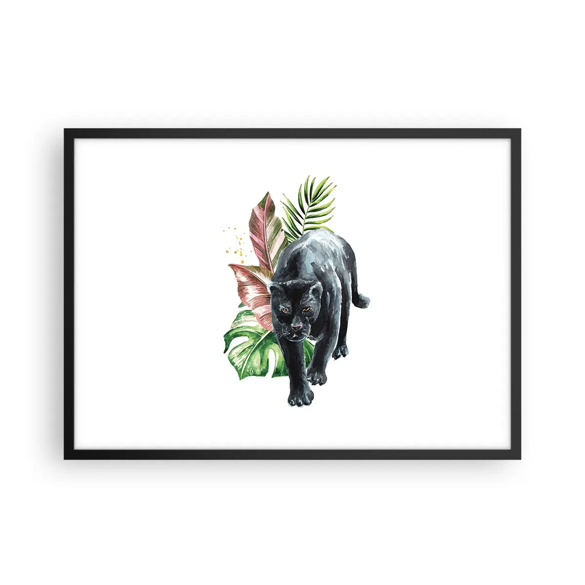 Póster en marco negro - Pantera negra rodeada de hojas tropicales - 70x50cm - Salvaje de corazón - Decoración de pared moderna para salón y dormitorio ARTTOR