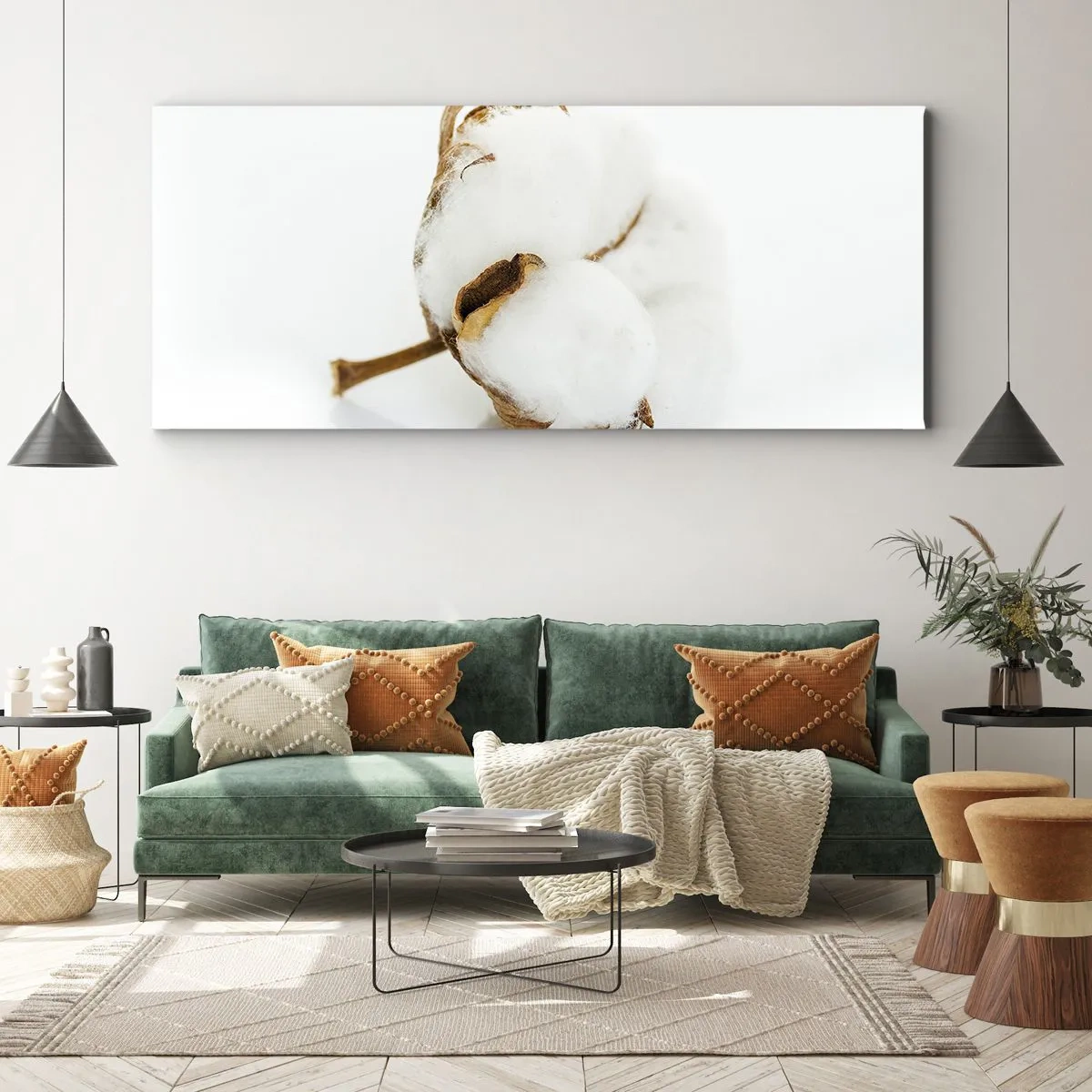 Cuadro sobre lienzo - Impresión de Imagen - Una rama de algodón sobre un fondo claro en un enfoque minimalista. - 120x50cm - Suave por naturaleza - Decoración de pared moderna para salón y dormitorio ARTTOR