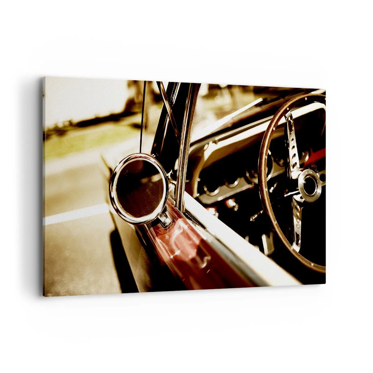 Cuadro sobre lienzo - Impresión de Imagen - Primer plano del espejo y el interior de un coche retro clásico. - 120x80cm - Un coche con alma - Decoración de pared moderna para salón y dormitorio ARTTOR
