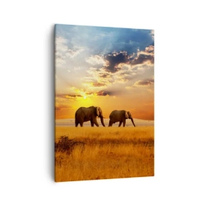 Cuadro sobre lienzo - Impresión de Imagen - Elefantes en la sabana al atardecer - 50x70cm - Un paseo en familia - Decoración de pared moderna para salón y dormitorio ARTTOR
