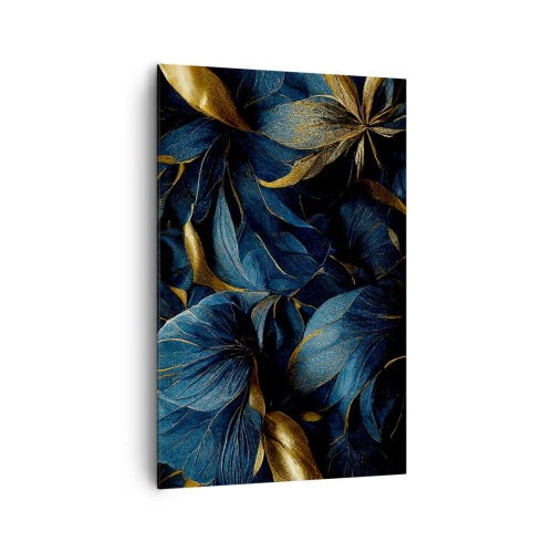 Cuadro sobre lienzo - Impresión de Imagen - Hojas elegantes en tonos dorados y azul marino. - 80x120cm - Forradas de oro - Decoración de pared moderna para salón y dormitorio ARTTOR