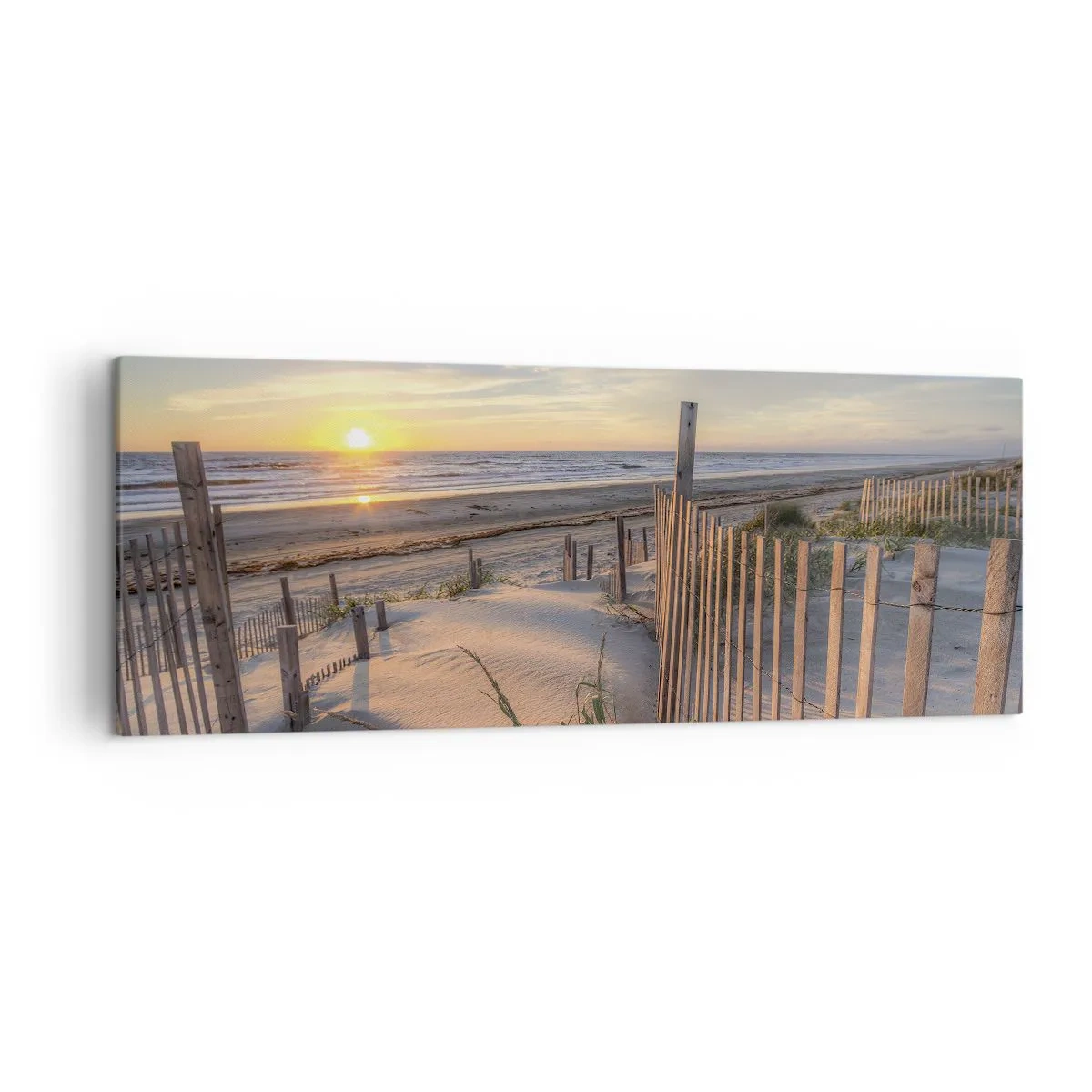 Cuadro sobre lienzo - Impresión de Imagen - Playa al atardecer con valla de madera - 140x50cm - El resplandor y la sombra del viento - Decoración de pared moderna para salón y dormitorio ARTTOR