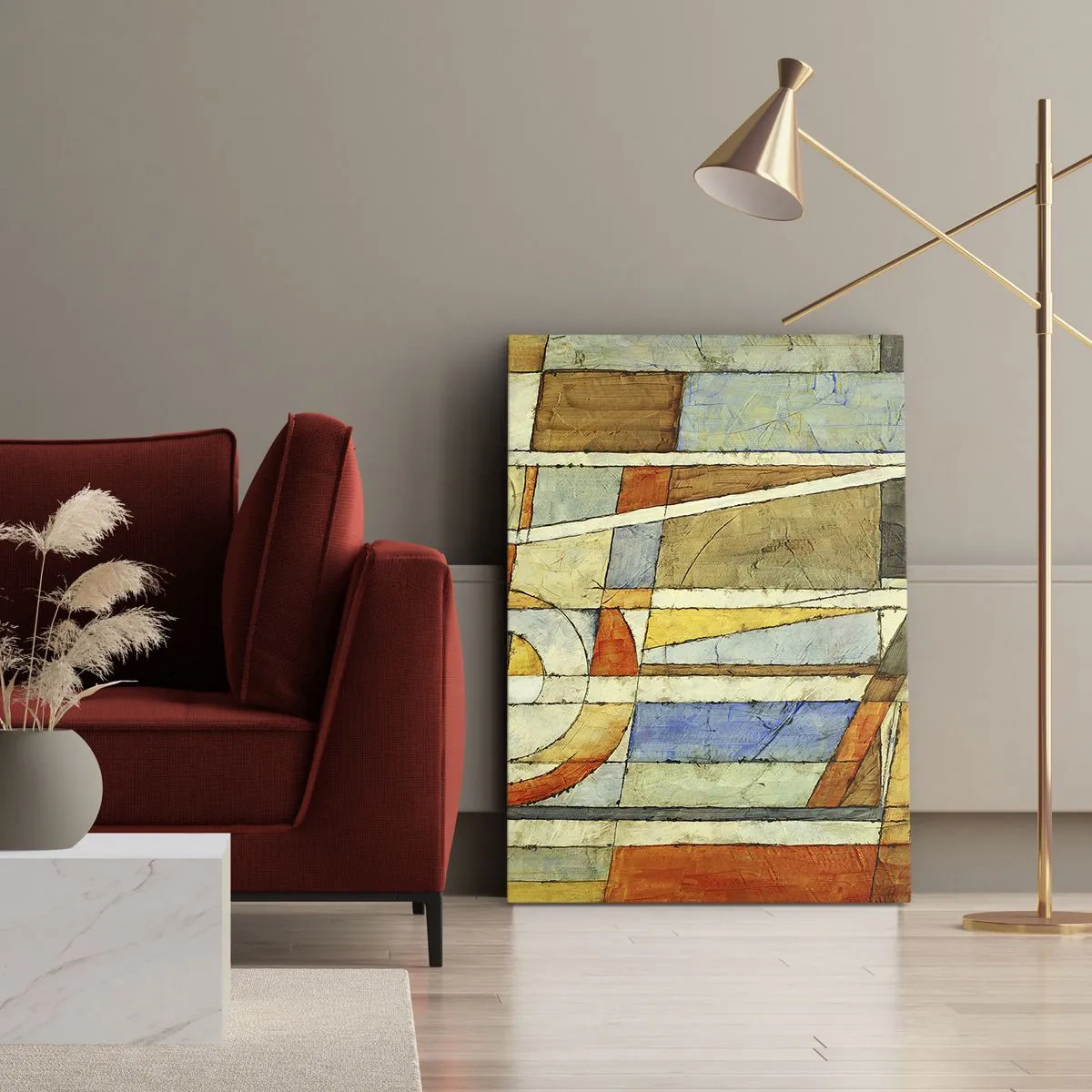 Cuadro sobre lienzo - Impresión de Imagen - Abstracción geométrica en tonos beige, azul y naranja. - 50x70cm - Cubismo en una obra - Decoración de pared moderna para salón y dormitorio ARTTOR