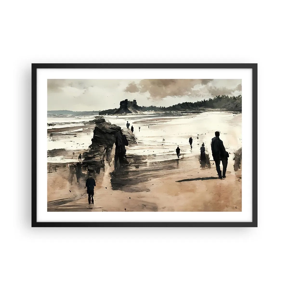 Póster en marco negro - Caminantes de playa en un paisaje tranquilo - 70x50cm - Un sueño evocado - Decoración de pared moderna para salón y dormitorio ARTTOR