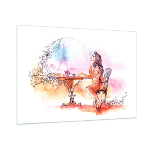 Cuadro sobre vidrio - Impresiones sobre Vidrio - Una mujer en una mesa con vistas a la Torre Eiffel en tonos pastel. - 100x70cm - Estilo parisino - Decoración de pared moderna para salón y dormitorio ARTTOR