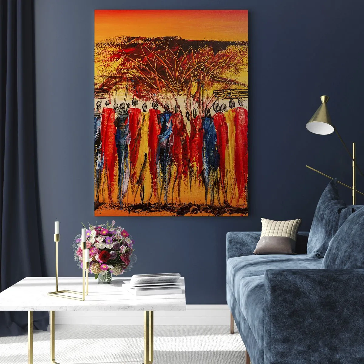 Cuadro sobre vidrio - Impresiones sobre Vidrio - Una escena colorida con figuras africanas con el sol poniente como telón de fondo. - 80x120cm - Allí, allí, allí van - Decoración de pared moderna para salón y dormitorio ARTTOR