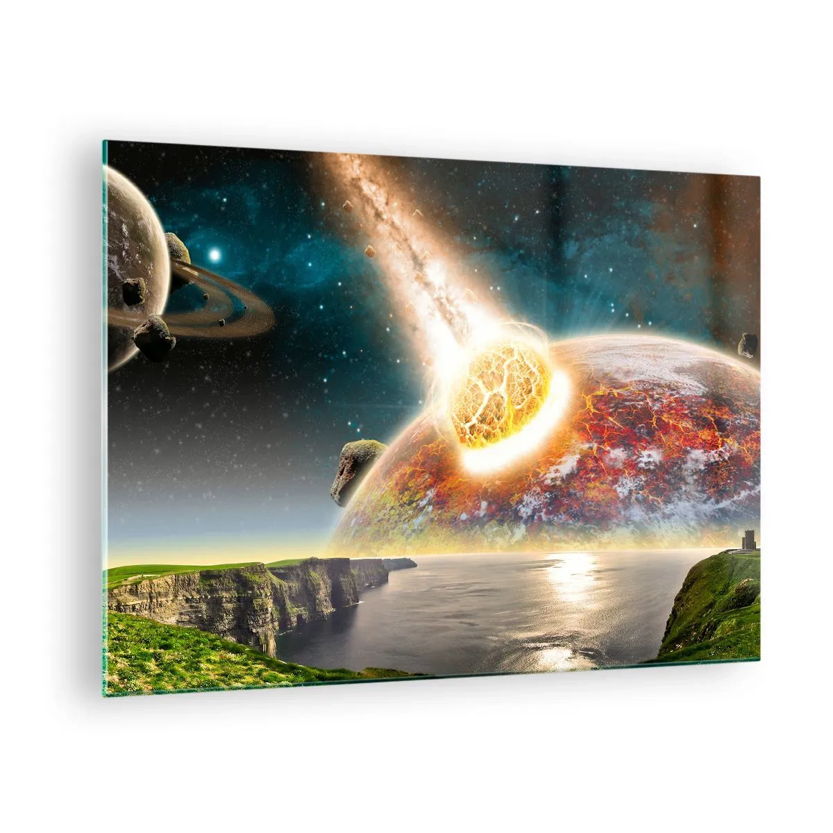 Cuadro sobre vidrio - Impresiones sobre Vidrio - Un meteorito choca con un planeta en el espacio. - 70x50cm - Drama cósmico - Decoración de pared moderna para salón y dormitorio ARTTOR