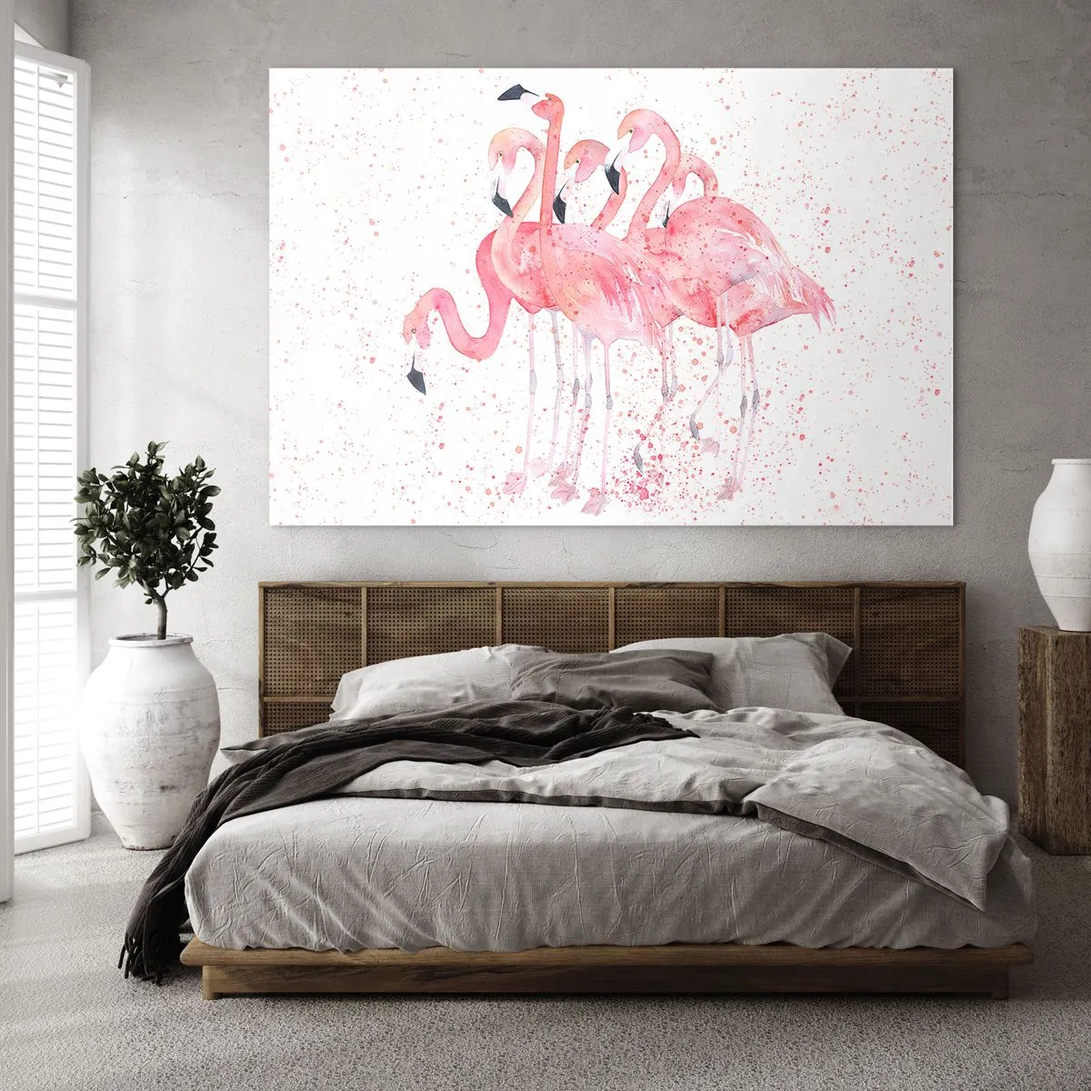Cuadro sobre vidrio - Impresiones sobre Vidrio - Flamencos de acuarela sobre un fondo claro con delicadas manchas. - 70x50cm - Asamblea rosa - Decoración de pared moderna para salón y dormitorio ARTTOR