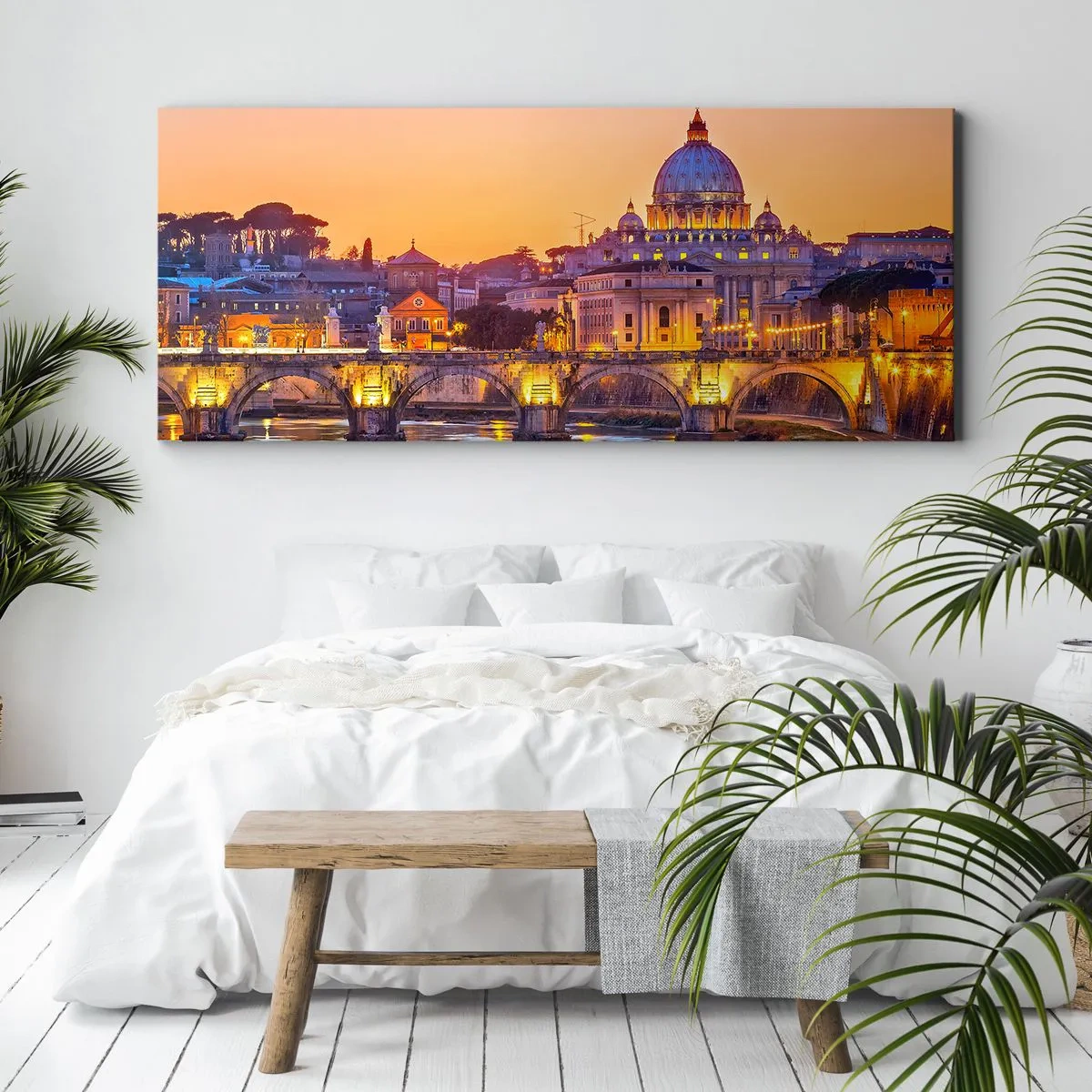 Cuadro sobre lienzo - Impresión de Imagen - Panorama del Vaticano al atardecer con un puente sobre el río - 120x50cm - Crepúsculo sobre la Ciudad Eterna - Decoración de pared moderna para salón y dormitorio ARTTOR