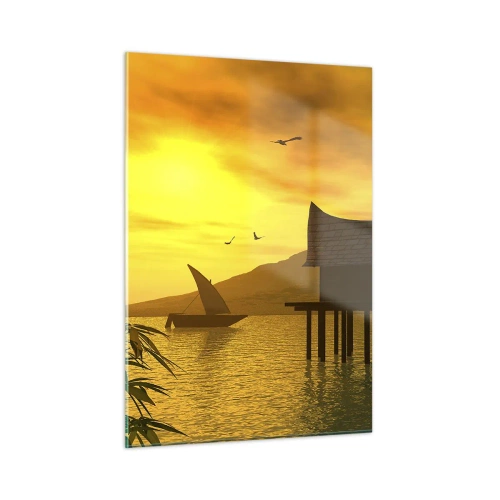 Cuadro sobre vidrio - Impresiones sobre Vidrio - Puesta de sol sobre el lago con una casa sobre pilotes - 50x70cm - La ansiada paz - Decoración de pared moderna para salón y dormitorio ARTTOR