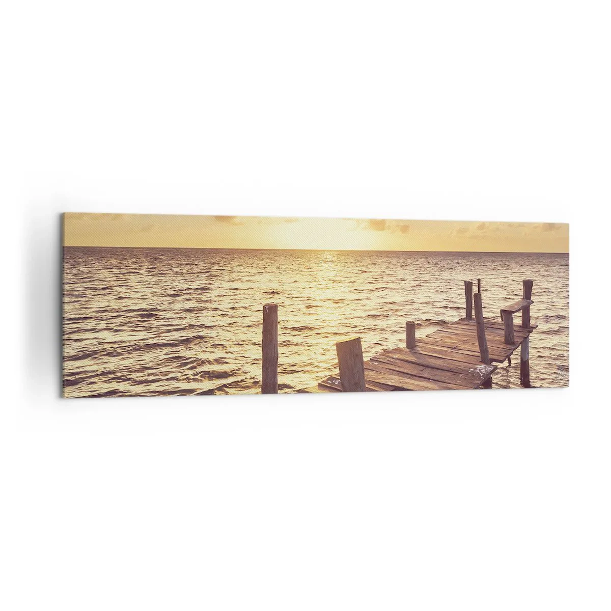 Cuadro sobre lienzo - Impresión de Imagen - Un embarcadero de madera que conduce hacia la puesta del sol. - 160x50cm - Una tierra dorada de dulzura - Decoración de pared moderna para salón y dormitorio ARTTOR